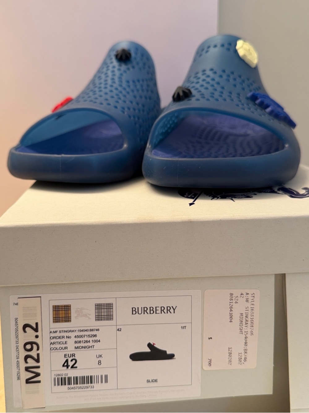 Burberry Midnight Blue Slide Sandals with Charm Accents